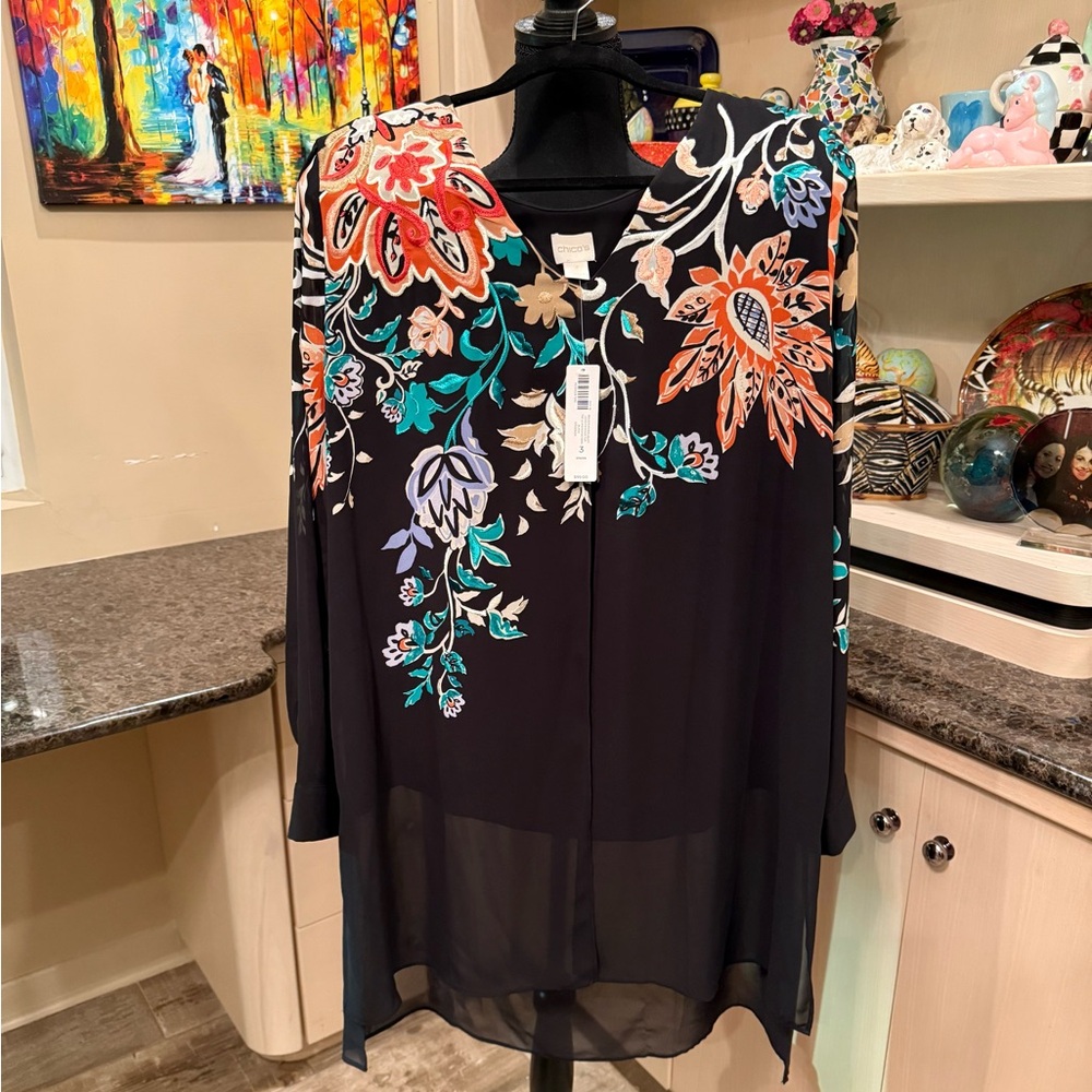 Chico's Black Blouse with Colorful Floral Embroidery